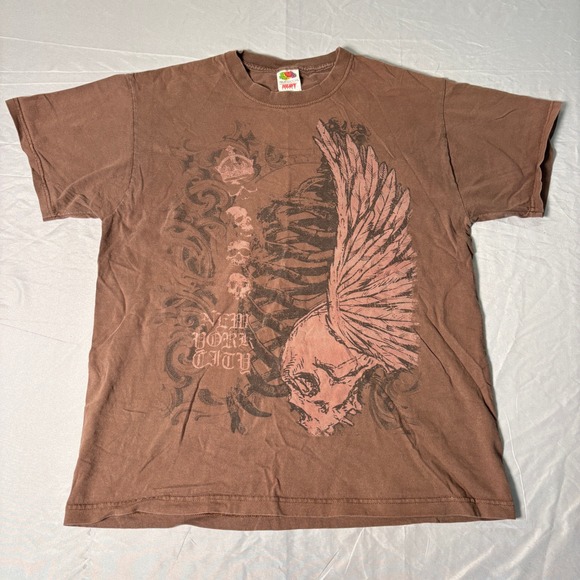 Fruit of the Loom Other - Fruit of the Loom Mens Brown Skull Wing Graphic T-Shirt New York City Large Y2K